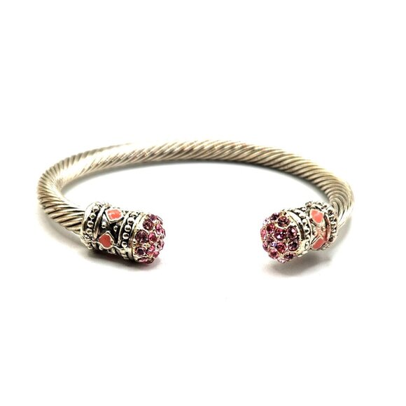Silver Tone Twist Cuff Bracelet With Pink Rhinestone & Bead Cap - Picture 4 of 5